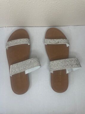 Crystal-Embellished White Double-Strap Slide Sandals